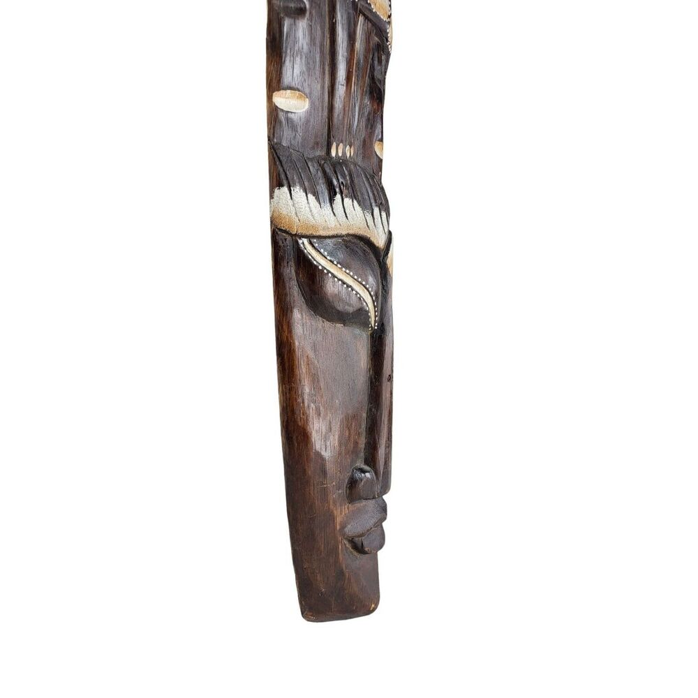 Vintage Tiki Hand Carved Wood Mask Giraffe Shield Totem Pole Wall Hanging 28.5"
